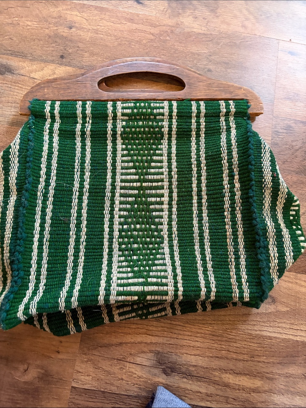 Handwoven Green & Cream VTG Striped Tote with Wooden Handles